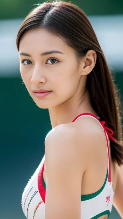 ((Highest quality, 8K, Representative works in detail, Ultra-high resolution)), Realistic photos), (Looking at the audience), (Mid Shot:), Attractive sportswoman、Japanese women, Muscular、beauty、Beach volleyball player、Bikini Uniform