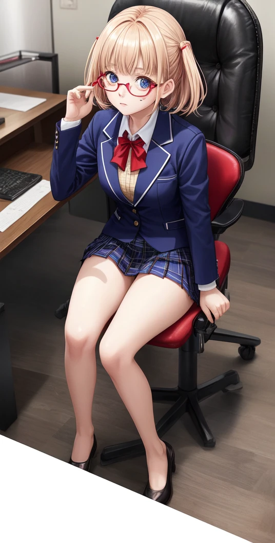 score_9, score_8, score_7, sauce_anime,
evaluation_general, anime, Official Art,
kanamori, Wear glasses on your head, Seraph Freckles, Pleated skirt, blazer, Blue Skirt, Sit on a chair,mini skirt,Spread your legs,Thighs,Bare legs,I can see your pants,One girl, alone, indoor,