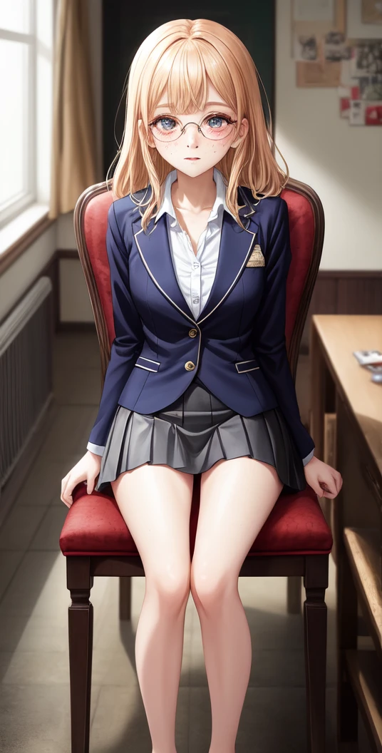 score_9, score_8, score_7, sauce_anime,
evaluation_general, anime, Official Art,
kanamori, Wear glasses on your head, Seraph Freckles, Pleated skirt, blazer, Blue Skirt, Sit on a chair,mini skirt,Spread your legs,Thighs,Bare legs,I can see your pants,One girl, alone, indoor,