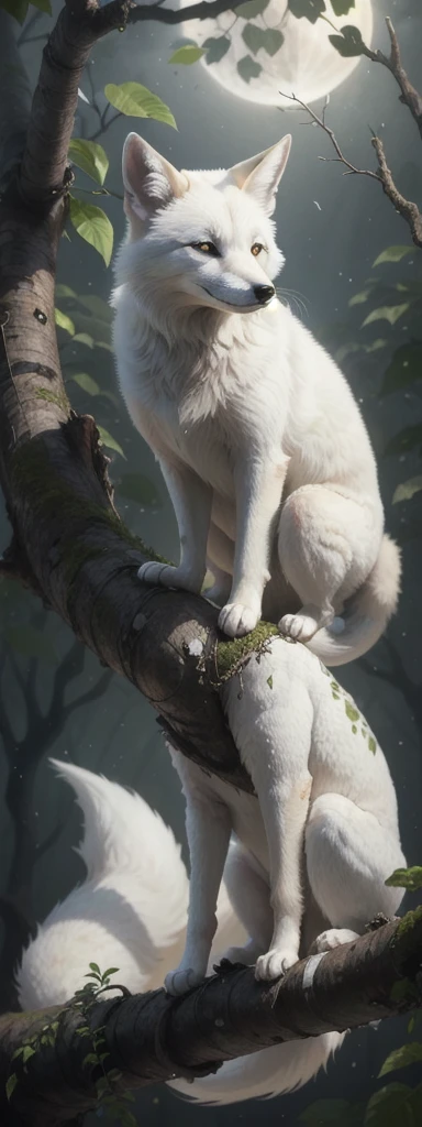 A white fox sitting on top of a tree branch next to a moon