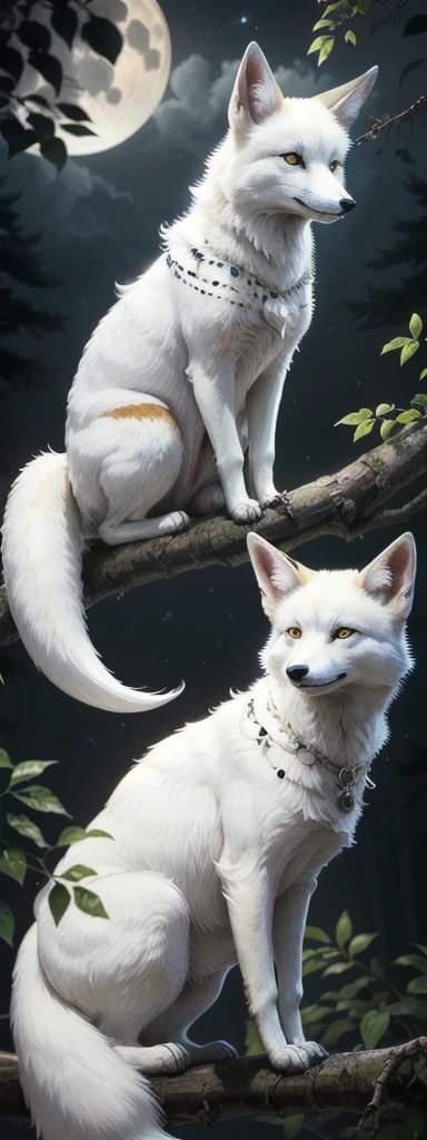 A white fox sitting on top of a tree branch next to a moon