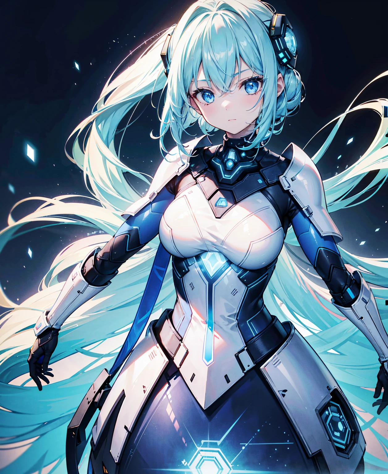 8K, Highest quality, (real:1.4), Original photo, 1 Girl, Asari Hair, Biological Amplifier, refined armor, posture: Peace talks between warring factions, smart blue eyes、Holographic Glow Effect、2Re-exposed light