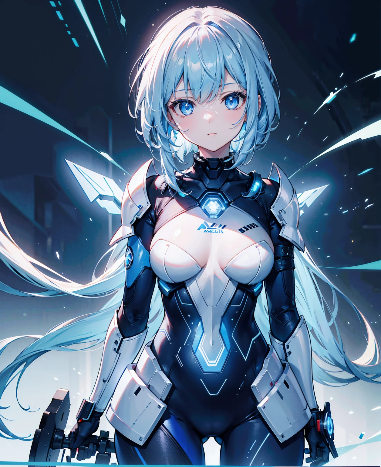 8K, Highest quality, (real:1.4), Original photo, 1 Girl, Asari Hair, Biological Amplifier, refined armor, posture: Peace talks between warring factions, smart blue eyes、Holographic Glow Effect、2Re-exposed light