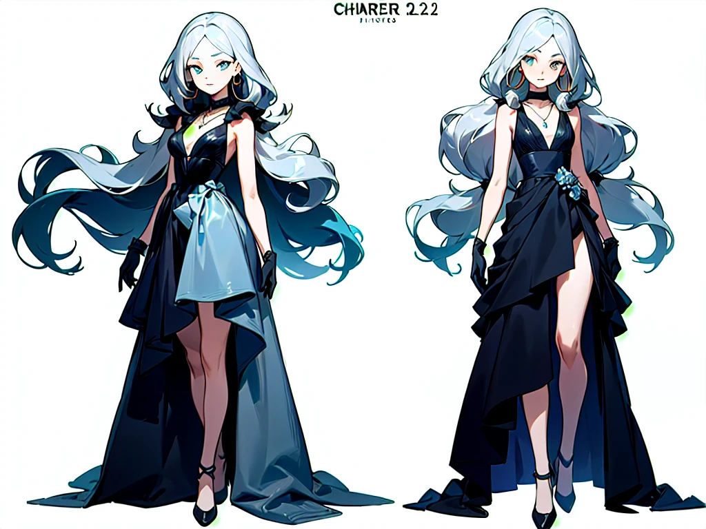 Masterpiece: 1.6, best quality: 1.4, live image: 1.2, intricate details: 1.2, charturnerv2: 1.2, 1lady full body character change,
Appearance: milf: 1.25, thin: 1.3, light blue eyes, medium breasts, detailed eyes, quality eyes,
Clothing: black sleeveless dress, black gloves
Accessories: simple hoop earrings, black necklace, small flowers in the hair,
Hair: silver hair, long hair, semi curly hair,
Makeup: natural, shiny skin,
(single background, white background: 1.3), multiple views, multiple views of the same character in the same outfit: 1.3.