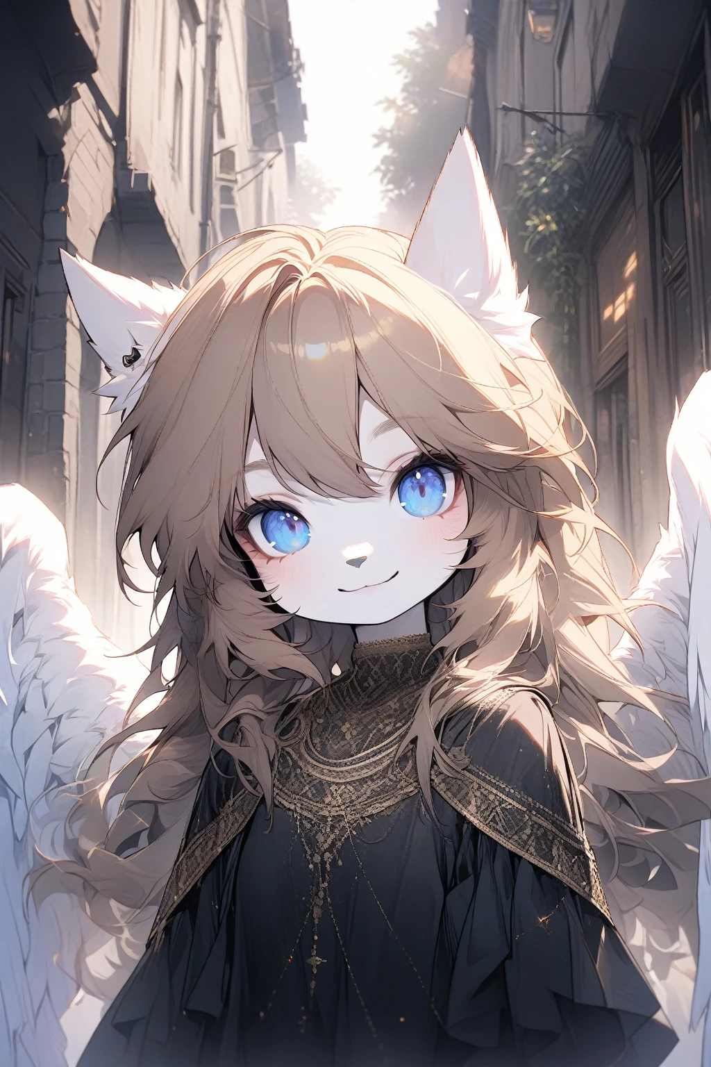 1 girl, upper body, angel wings, furry, pony furry, blue eyes, white fur, brown mane, long mane, Dressed in a black dress, looks at the viewer, smile, on the street, trees, rays of the sun, detailed, beautiful, delicate tones