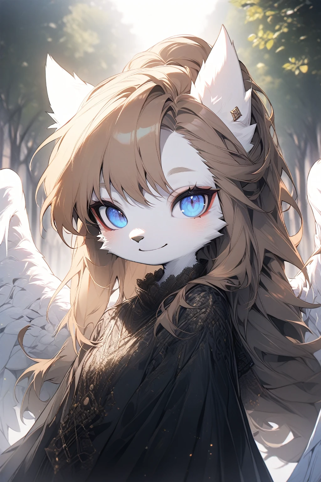 1 girl, upper body, angel wings, furry, pony furry, blue eyes, white fur, brown mane, long mane, Dressed in a black dress, looks at the viewer, smile, on the street, trees, rays of the sun, detailed, beautiful, delicate tones