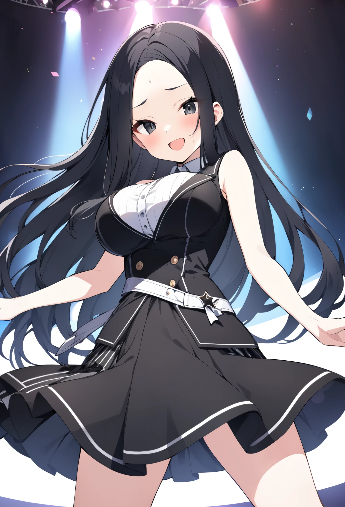 black eyes, black hair, long hair, large breasts , LIVE STAGE forehead