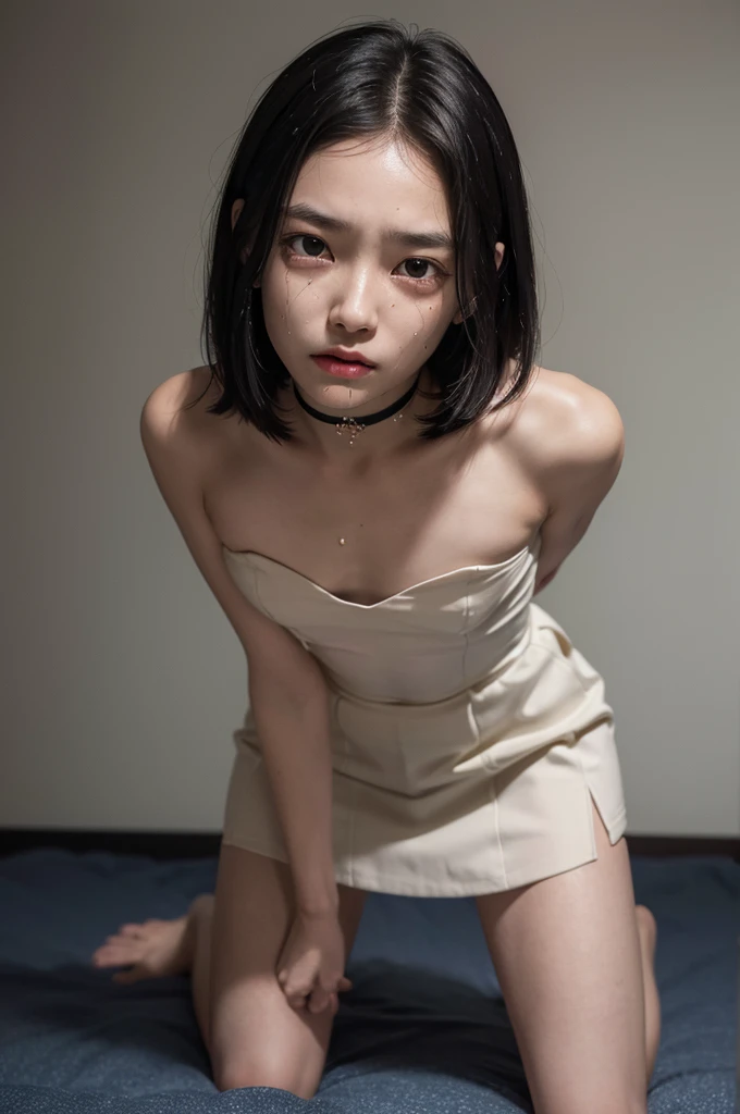 ((Highest quality)), ((masterpiece)), (detailed),nsfw, she is flat ,************, small girl, slim, Black Bob, ((Narrow eyes)), Japanese, forehead, ((Frightened expression)), (crying), ((Jail)), choker, ahegao, looking at viewer, looking up,((single eyelid)), (arms behind back, leaning forward, front face, close up, kneeling)
