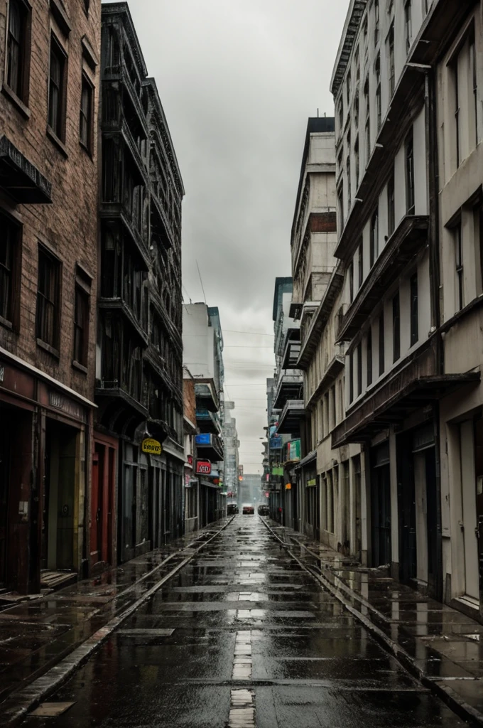 Long street, dark and rainy, abandoned buildings on the sides,