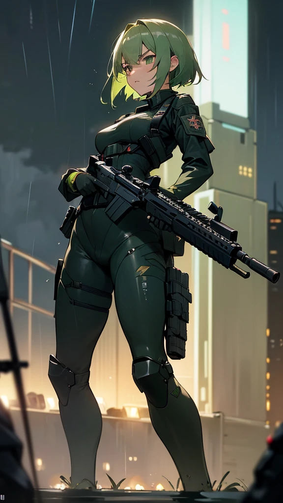 ((Best Quality)), ((Masterpiece)), (detailed), anime girl, short green hair, exposed breasts, , military , black futuristic tactic, tactical assault weapon, tactical equipment, angry, bothers, hull, special mission, At night, City, strong rain, in focus, shooting up, con hull tactico