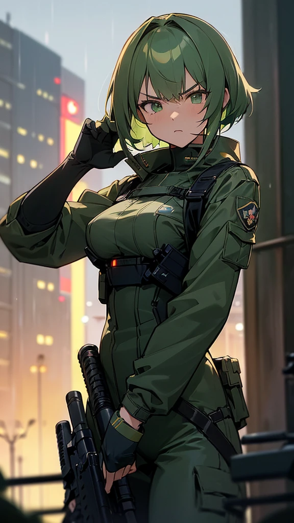 ((Best Quality)), ((Masterpiece)), (detailed), anime girl, short green hair, exposed breasts, , military , black futuristic tactic, tactical assault weapon, tactical equipment, angry, bothers, hull, special mission, At night, City, strong rain, in focus, shooting up, con hull tactico