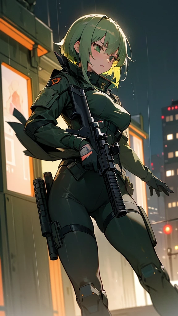 ((Best Quality)), ((Masterpiece)), (detailed), anime girl, short green hair, exposed breasts, , military , black futuristic tactic, tactical assault weapon, tactical equipment, angry, bothers, hull, special mission, At night, City, strong rain, in focus, shooting up, con hull tactico