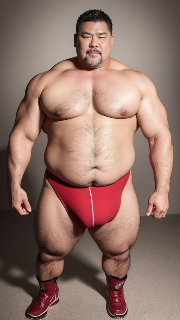 black hair, middle-aged man, individual, male, Muscular wrestler, muscular, Stout wrestler, Asian, Japanese, uncle, 55 year old middle-aged man, short hair, short hair, red wrestling boots, full body portrait, shadow, Vision, red briefs, obesity, 45 years old, short beard, middle-aged man, tattoo, fingerless gloves, Wheat skin, shiny skin, dark skin, Show your pectoral muscles, sumo wrestler, bodybuilder, wide temples, Visible abdominal muscles, Smile, Fine hands, solid color background, pure white background, Surrealism, Panorama, 8k, super detail，