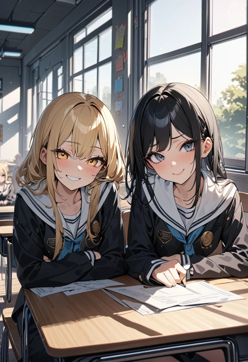 (award winning, 8k, super detailed, high resolution, best quality) , photography, (two girls), girl on the left with blonde hair and smirk expression, girl on the right with black hair and (timid expression), (sitting side by side at desk), ((beautiful girls)), classroom, light from the window.