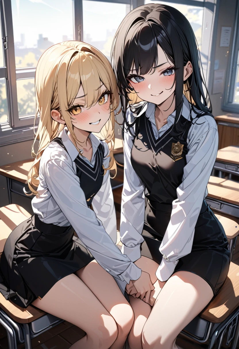 2 girls, (school uniformの少女二人:1.2)、school classroom、evening、hug each other、((kiss:1.1))、 highest quality, High resolution, masterpiece、smile、(2 girls),(beautiful eyes、depicted in detail、pay close attention to detail、masterpieceサイドライト、masterpiece、highest quality、get used to it、High resolutionのイラスト),delicate makeup、soft focus ground bokeh、(highest qualityのイラスト:1.2),school uniform, (black socks:1.4),navy blue blazer、white shirt、blue ribbon、gray knee-length pleated skirt
