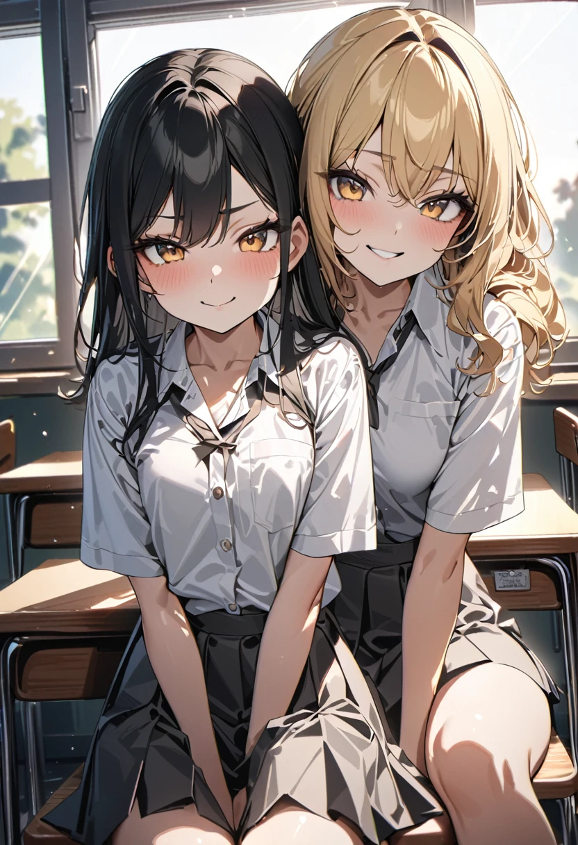 (award winning, 8k, super detailed, high resolution, best quality) , photography, (two girls), girl on the left with blonde hair and smirk expression, girl on the right with black hair and (timid expression), (sitting side by side at desk), ((beautiful girls)), classroom, light from the window.
