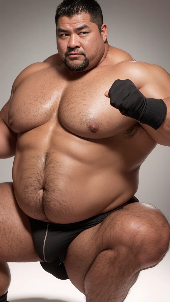 black hair, middle-aged man, individual, male, Muscular wrestler, muscular, Stout wrestler, Asian, Japanese, uncle, 55 year old middle-aged man, short hair, short hair, red wrestling boots, full body portrait, shadow, Vision, red briefs, obesity, 45 years old, short beard, middle-aged man, tattoo, fingerless gloves, Wheat skin, shiny skin, dark skin, Show your pectoral muscles, sumo wrestler, bodybuilder, wide temples, Visible abdominal muscles, Smile, Fine hands, solid color background, pure white background, Surrealism, Panorama, 8k, super detail，