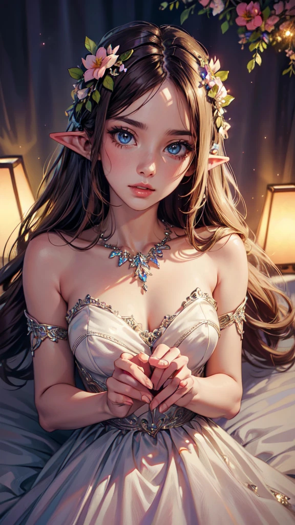 best quality, high-res, ultra-detailed), beautiful woman, detailed face, detailed eyes, long sparkling dress, night background with light and flowers, neon colors, portraits, soft and warm color tones, ambient lighting, full body, flowers, lights, laying on bed, detailed face, detailed eyes, detailed hands,elf woman
