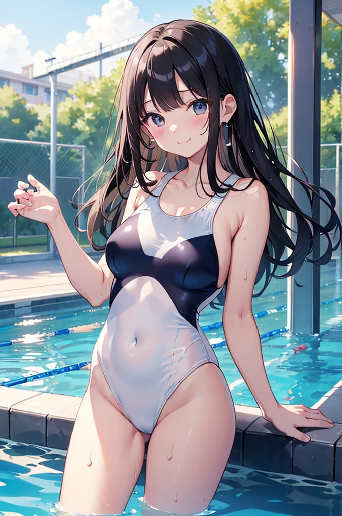 ((4K、8K、Highest quality、Perfect Fingers: 1.3、Perfect Anatomy: 1.3、Background Blur))、((、、small 、cute big droopy eyes、Straight Long Hair、Beautiful and slim girl、Black Hair))、(((White school swimsuit:1.3)))、((Plain school swimsuit))、（(White one piece swimsuit:1.3)）、((See through))、(Wet)、(Nipples)、blush、(Smiling Kindly)、Shiny skin、、Sweat、Full body angle、School poolside、