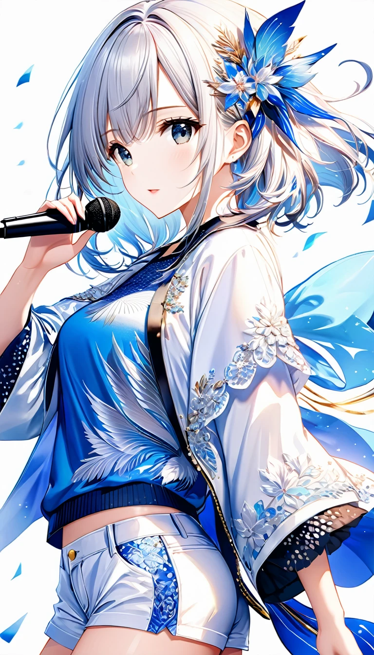 (((White background:1.2)))、(masterpiece、Ultra HD、Masterpiece、4K)、Perfect Style、 Intricate details, Highly detailed eyes,Flash photography, Intricate details、Shorts、Uplifting、 K-POPアーティスト, (sing:1.2) (Dynamic pose:1.2), (Stylish clothing), Mature Woman, bangs, (masterpiece 最高品質:1.2) Delicate illustrations、Super detailed, (Grab the microphone) 、profile、