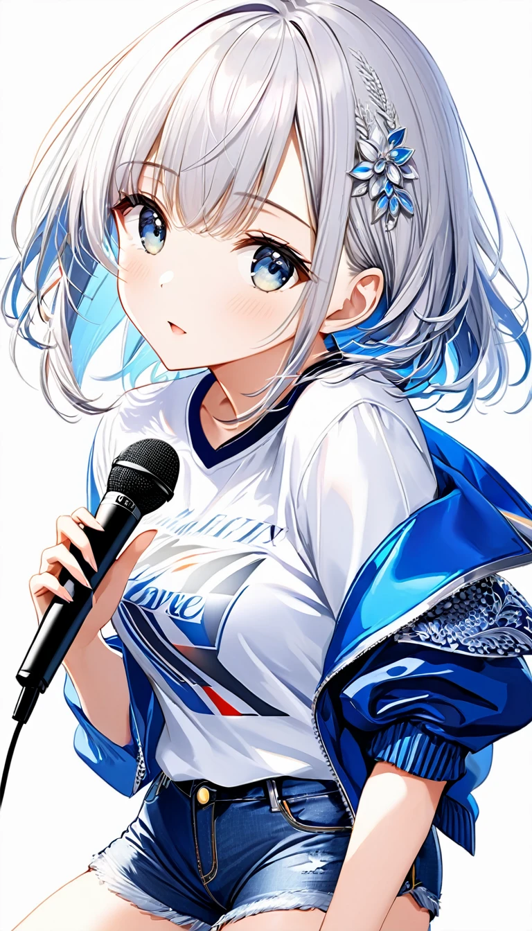 (((White background:1.2)))、(masterpiece、Ultra HD、Masterpiece、4K)、Perfect Style、 Intricate details, Highly detailed eyes,Flash photography, Intricate details、Shorts、Uplifting、 K-POPアーティスト, (sing:1.2) (Dynamic pose:1.2), (Stylish clothing), Mature Woman, bangs, (masterpiece 最高品質:1.2) Delicate illustrations、Super detailed, (Grab the microphone) 、profile、