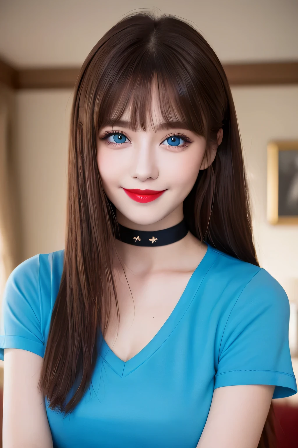 (Highest quality, 8K, Tabletop, Ultra HD: 1.3), V-neck T-shirt, 20-year-old、smile, Black Choker, blue eyes, Red lipstick, Very long eyelashes, Busty Family, Noble, bangs, brown hair and straight long hair, President's office, ((Tabletop)), Tie your hair back, ((Slim face, The body is slim)), VIP Room、Suite Room、Big boobs