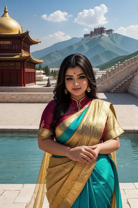 1 heavenly beautiful and goddess beauty cute and sweet looking face arabian female in front of potala palace, china, heavenly be...