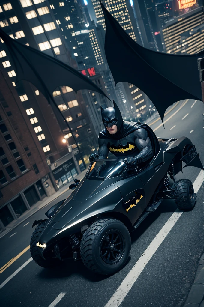 batman, realistic, 4k, riding in his batmobile, through the streets of a big city
