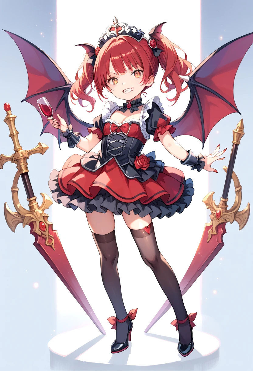 score_9, score_8_up, score_7_up, source_anime, masterpiece, best quality, high resolution, extremely detailed CG, absurdres, highres, 1girl, solo, a vampire girl in  gothic costume, stands with a brandy glass filled with red wine, bat_wings on head, heels, frills, luxury hall, Colorful portraits, grin