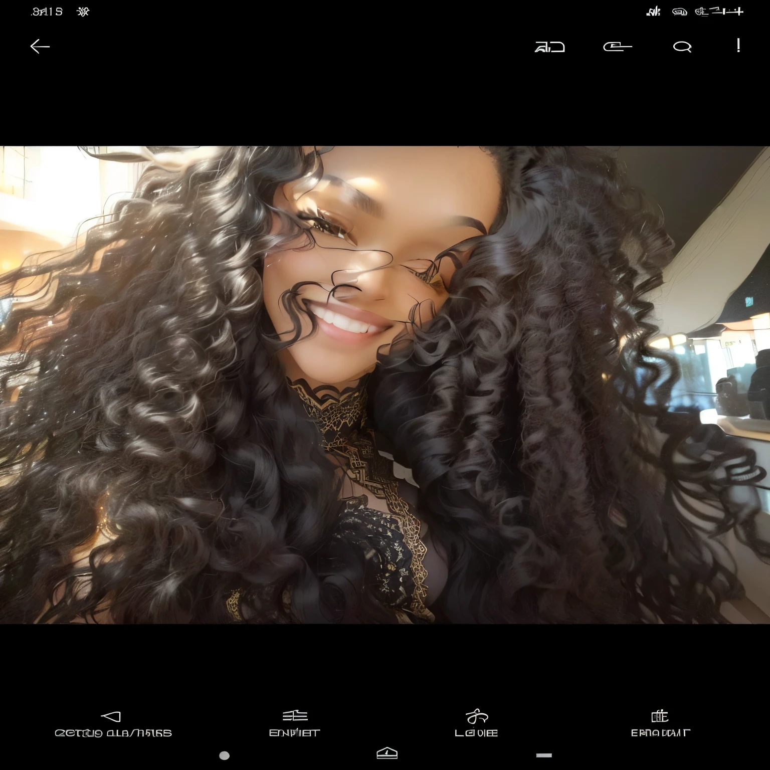 there is a woman with long curly hair smiling for the camera, long wild curly black hair, long curly black hair, long curly black hair, profile image, long curly black hair, foto perfil, curly black hair, with long curly, gorgeous lady, photo of a black woman, your face framed by curls, Beautiful woman, looking very silly, profile pic