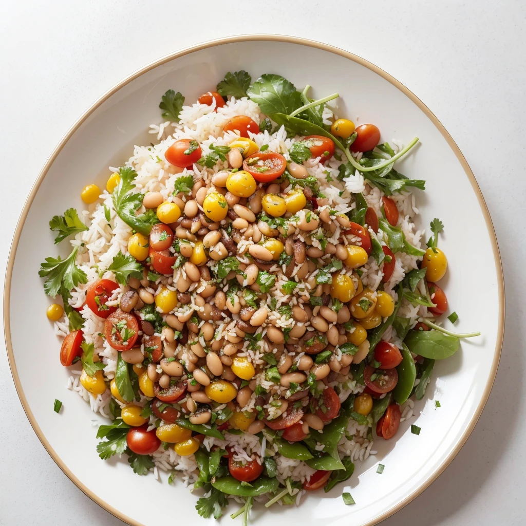 a plate of vegetarian food with rice, bean, some salad and vegetables seen from above with a white background with a space to write next to it

