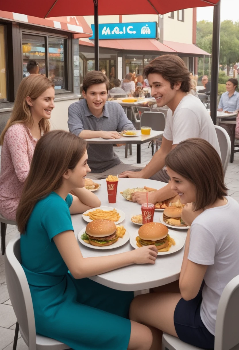 italy. A highly realistic scene of three teenage girls and one younger girl celebrating together at a McDonald's restaurant in the evening. The group is seated around a table filled with trays of hamburgers, fries, and cups of orange soda. The teenagers, all around , and the younger girl, around 8 years old, ad in colorful spring outfits: cheerful skirts and bright t-shirts. Their faces are lit up with laughter and excitement as they enjoy their meal. The table is surrounded by the lively, casual atmosphere of the restaurant, with other patrons chatting and enjoying their food. In the background, iconic McDonald's decor is visible, including the familiar red and yellow color scheme, a menu board, and a counter. The scene captures the joy and energy of their celebration, with the vibrant colors of their outfits and the festive ambiance of McDonald's enhancing the cheerful mood of the gathering