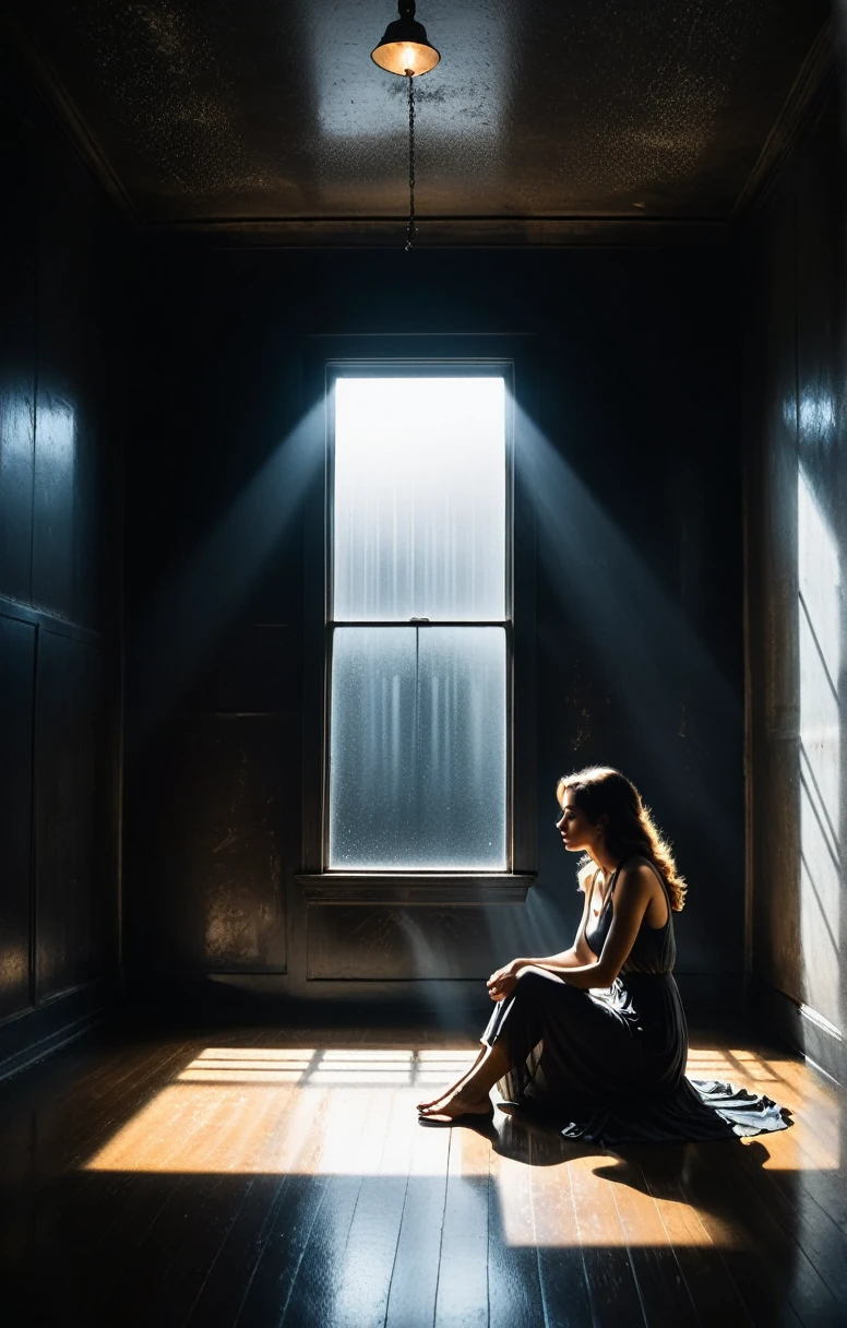 A woman sits in the corner of a large dark room,the only light is from the moonbeams coming through a framed window and the only thing illuminated is 50% of the woman and the floor,POV of the far corner of the room,somber mood,dust particles in the air catch the light,high contrast,long shadows,deep darkness,murky,, style by Dan Winters,RAW photography,film grain,(indistinguishable from reality:1.4),photo taken with a Bolex H16