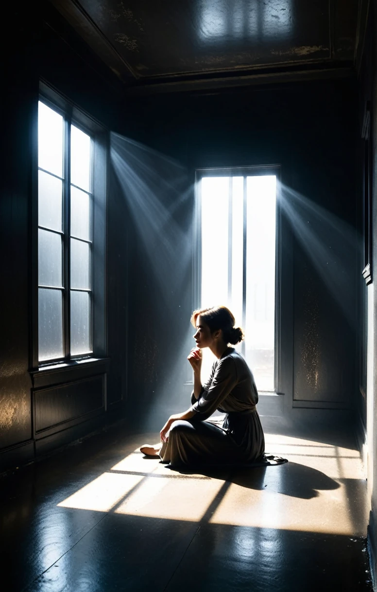 A woman sits in the corner of a large dark room,the only light is from the moonbeams coming through a framed window and the only thing illuminated is 50% of the woman and the floor,POV of the far corner of the room,somber mood,dust particles in the air catch the light,high contrast,long shadows,deep darkness,murky,, style by Dan Winters,RAW photography,film grain,(indistinguishable from reality:1.4),photo taken with a Bolex H16