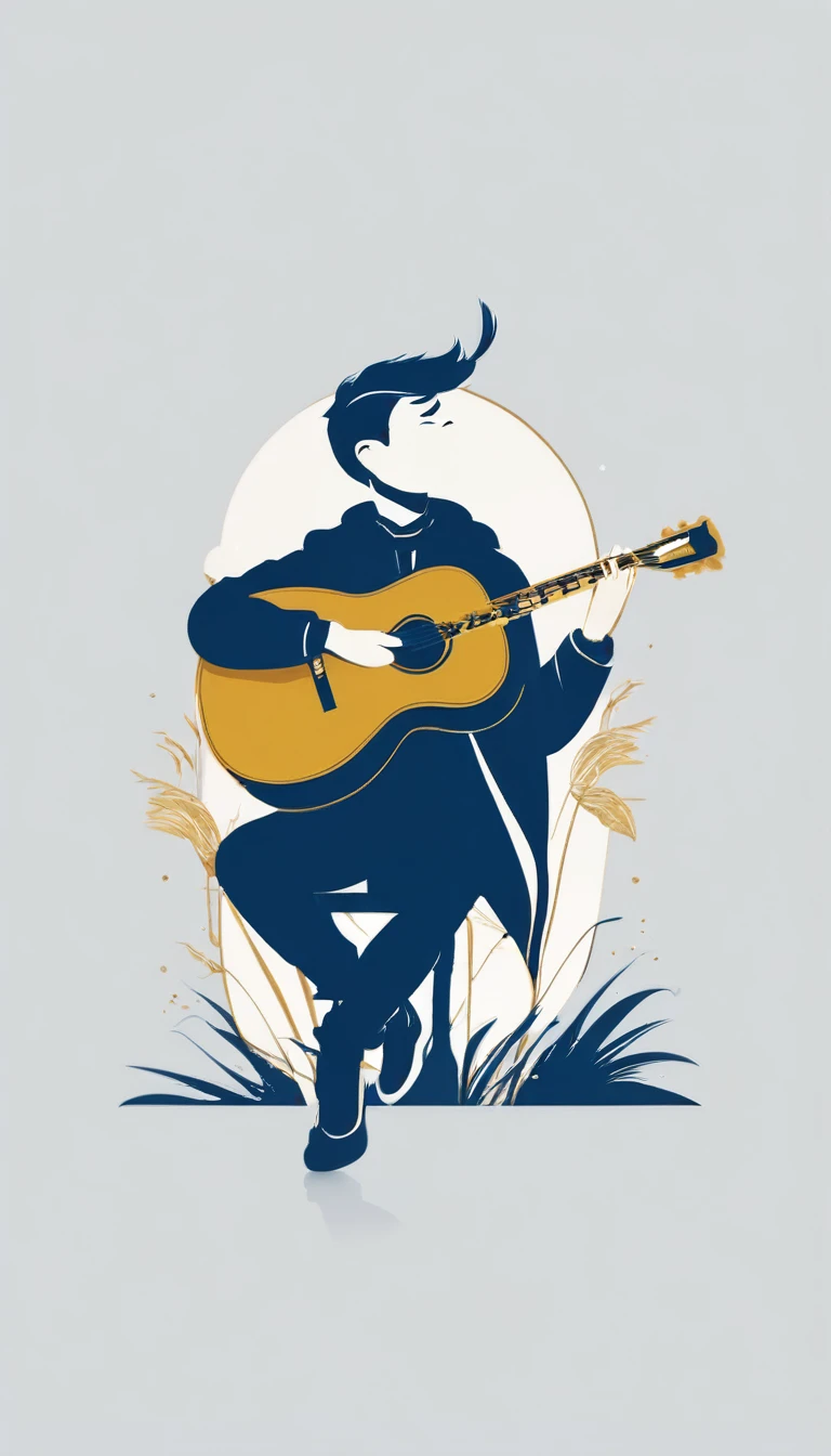 A minimal, modern, simple, cinematic logo design for the brand “Penamemoria". The logo design must be a simple, silhouette of a boy, standing up, playing acoustic guitar and fantasy feather by his side. The logo must convey a sense of music, stories, memories and dreams. Logo design impressed on a book cover. Minimalistic logo. Soft blue, white and golden as colors for the logo design