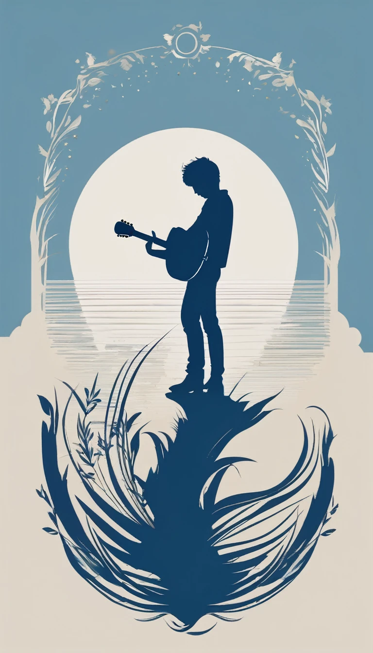 A minimal, modern, simple, cinematic logo design for the brand “Penamemoria". The logo design must be a simple, silhouette of a boy, standing up, playing acoustic guitar and fantasy feather by his side. The logo must convey a sense of music, stories, memories and dreams. Logo design impressed on a book cover. Minimalistic logo. Soft blue, white and golden as colors for the logo design