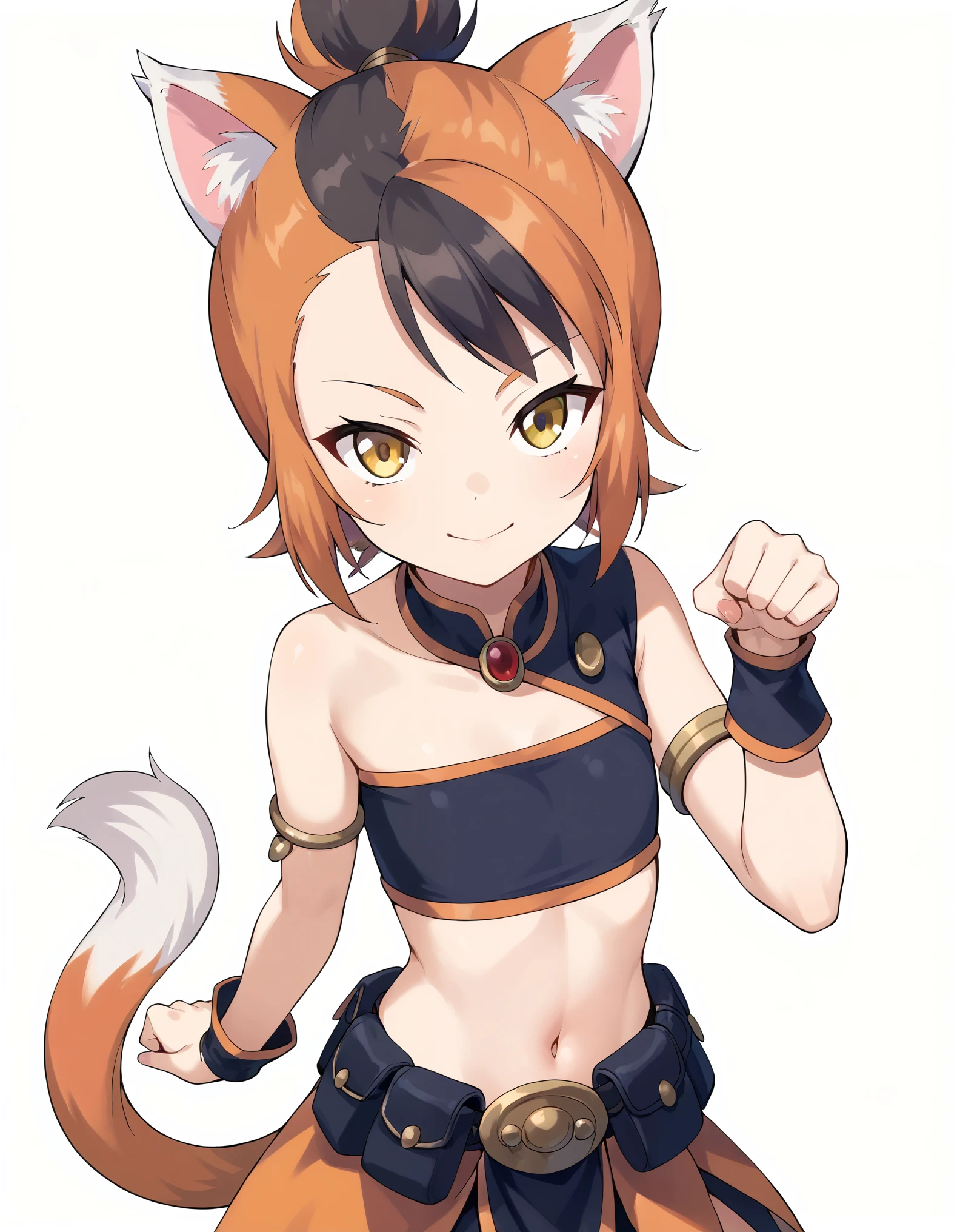 core_9, score_8_up, solo, BREAK, female ,  wilykit, girl, solo, brown hair, two-tone hair, multicolored hair, armlet, yellow eyes,  paw pose,  black hair, orange hair, animal ears, flat chest, white background,