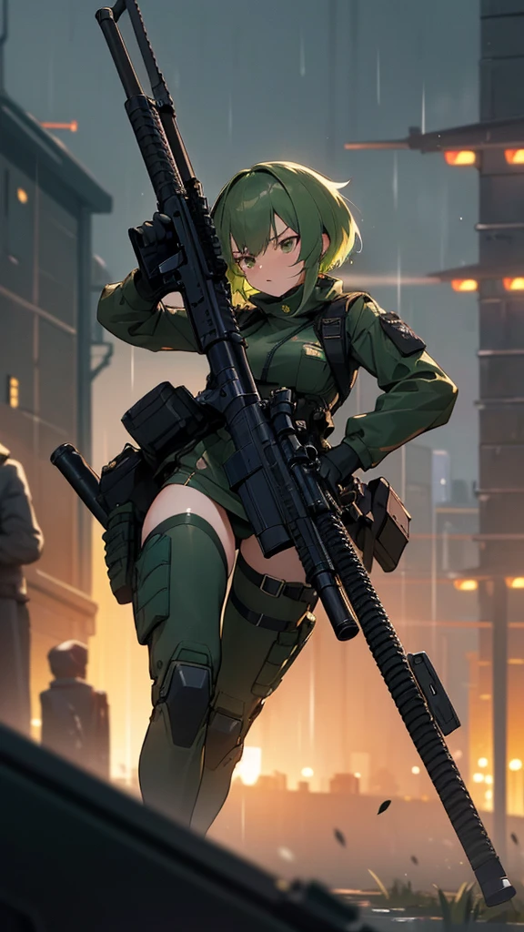 ((Best Quality)), ((Masterpiece)), (detailed), anime girl, short green hair, breasts exposed naked  , military , black futuristic tactic, tactical assault weapon, tactical equipment, angry, bothers, hull, special mission, At night, City, strong rain, in focus, shooting up, con hull tactico