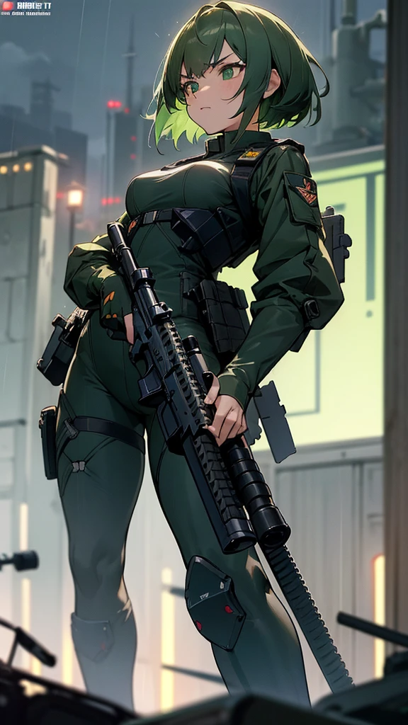 ((Best Quality)), ((Masterpiece)), (detailed), anime girl, short green hair, breasts exposed naked , military , black futuristic tactic, tactical assault weapon, tactical equipment, angry, bothers, hull, special mission, At night, City, strong rain, in focus, shooting up, con hull tactico