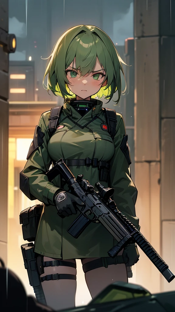 ((Best Quality)), ((Masterpiece)), (detailed), anime girl, short green hair, breasts exposed naked  , military , black futuristic tactic, tactical assault weapon, tactical equipment, angry, bothers, hull, special mission, At night, City, strong rain, in focus, shooting up, con hull tactico