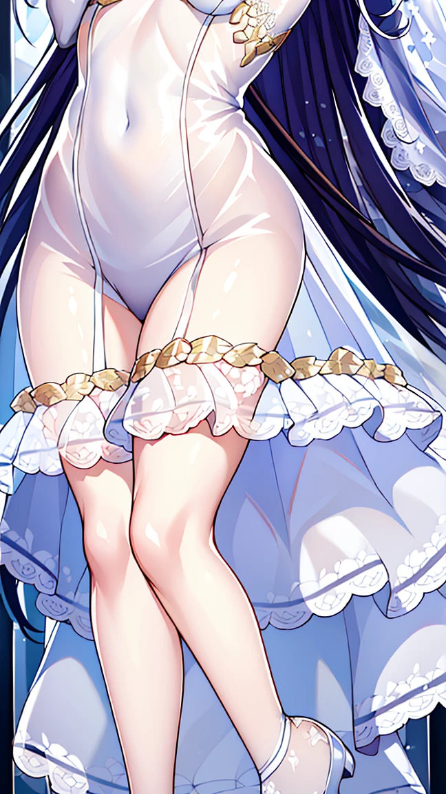 Sakura Jinguji, a girl with very long black hair, wearing a long-sleeved, luxuriously embroidered, super shiny satin light blue Western frill dress, is wearing a transparent vinyl diaper, exposing her genitals.　Transparent drawers