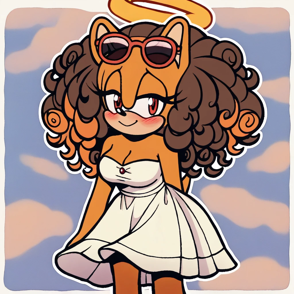 Score_9, solo, mobian, hedgehog, two-tone fur ((orange fur, brown fur)), strapless tight dress, cleavage, two-tone hair (brown hair, black tip)), curly hair, halo, sunglasses, jewelry, red eyes, longeyelashes, red eyes, smile, shy, blush,