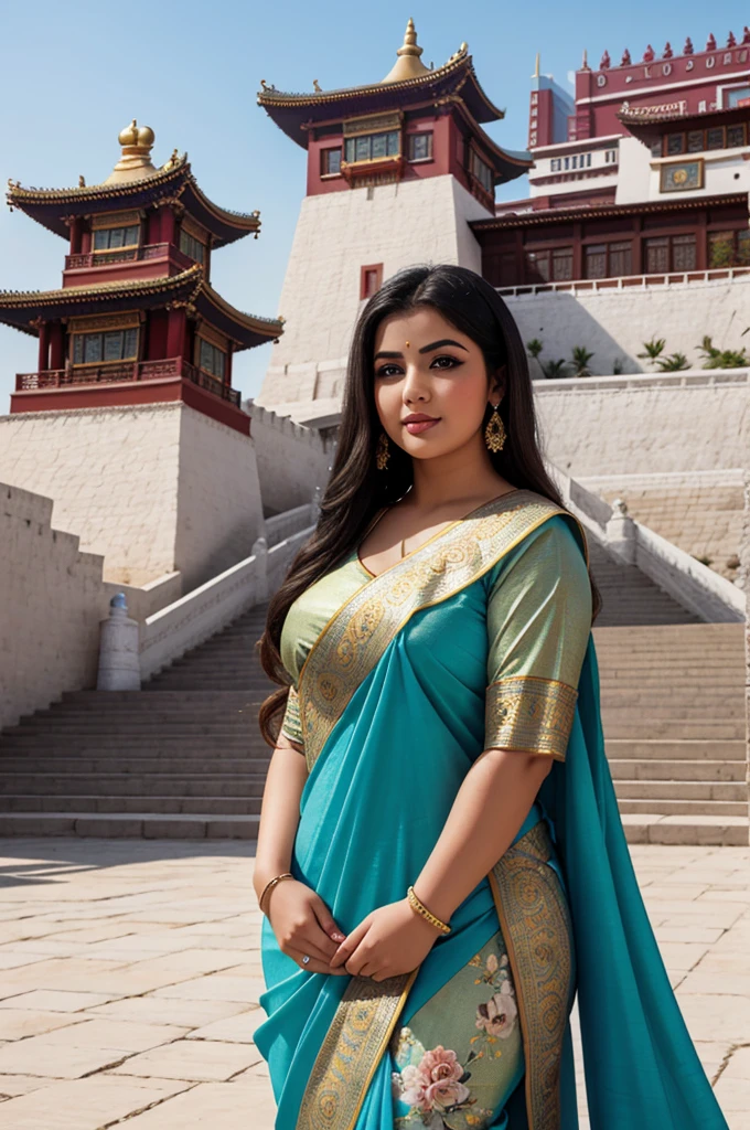 1 Heavenly beautiful and goddess beauty cute and sweet looking face Arabian female in front of Potala Palace, China, Heavenly beautiful Overweight, Heavenly beautiful Extremely fat, Heavenly beautiful and attractive Chubby figure , Heavenly beautiful looking and eye catching luxury style floral saree , reaching out, Heavenly beautiful Arabian woman, 16k, High resolution, masterpiece, highest quality, fine skin, outside view, Realistic Photograph