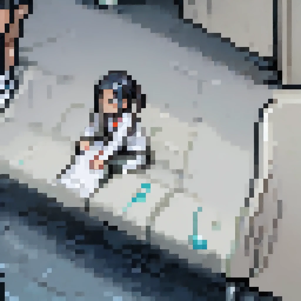 (pixel art_1.1)1female students,female students in front of me,female students is Sitting and sleeping on the train,standing on Young man,middle-aged Multiple Salaryman,One of them office worker is reading a newspaper,pixel art,8bit,NES,