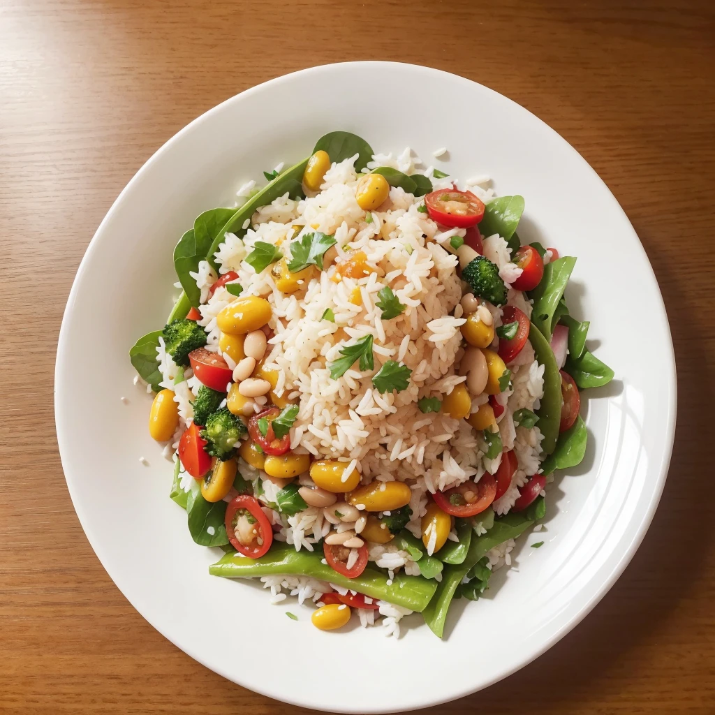 a small plate of vegetarian food with rice, bean, some salad and vegetables seen from above with a white background with a space to write next to it