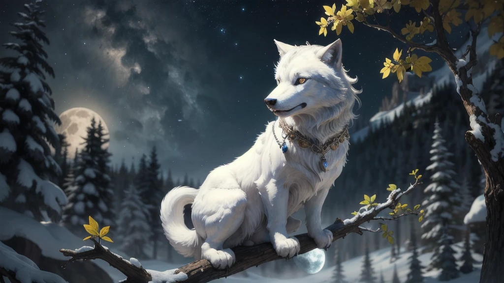 A white Big Fantasy Wolf sitting on top of a tree branch next to a moon