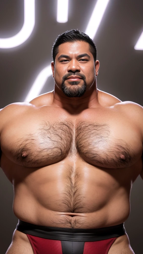 black hair, middle-aged man, individual, male, Muscular wrestler, muscular, Stout wrestler, Asian, Japanese, uncle, 55 year old middle-aged man, short hair, short hair, red wrestling boots, full body portrait, shadow, Vision, red briefs, obesity, 45 years old, short beard, middle-aged man, tattoo, fingerless gloves, Wheat skin, shiny skin, dark skin, Show your pectoral muscles, sumo wrestler, bodybuilder, wide temples, Visible abdominal muscles, Smile, Fine hands, solid color background, pure white background, Surrealism, Panorama, 8k, super detail，