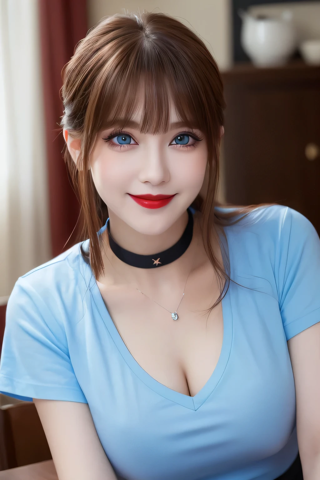 (Highest quality, 8K, Tabletop, Ultra HD: 1.3), V-neck T-shirt, 20-year-old、smile, Black Choker, blue eyes, Red lipstick, Very long eyelashes, Busty Family, Noble, bangs, brown hair and straight long hair, President's office, ((Tabletop)), Tie your hair back, ((Slim face, The body is slim)), VIP Room、Suite Room、Big boobs