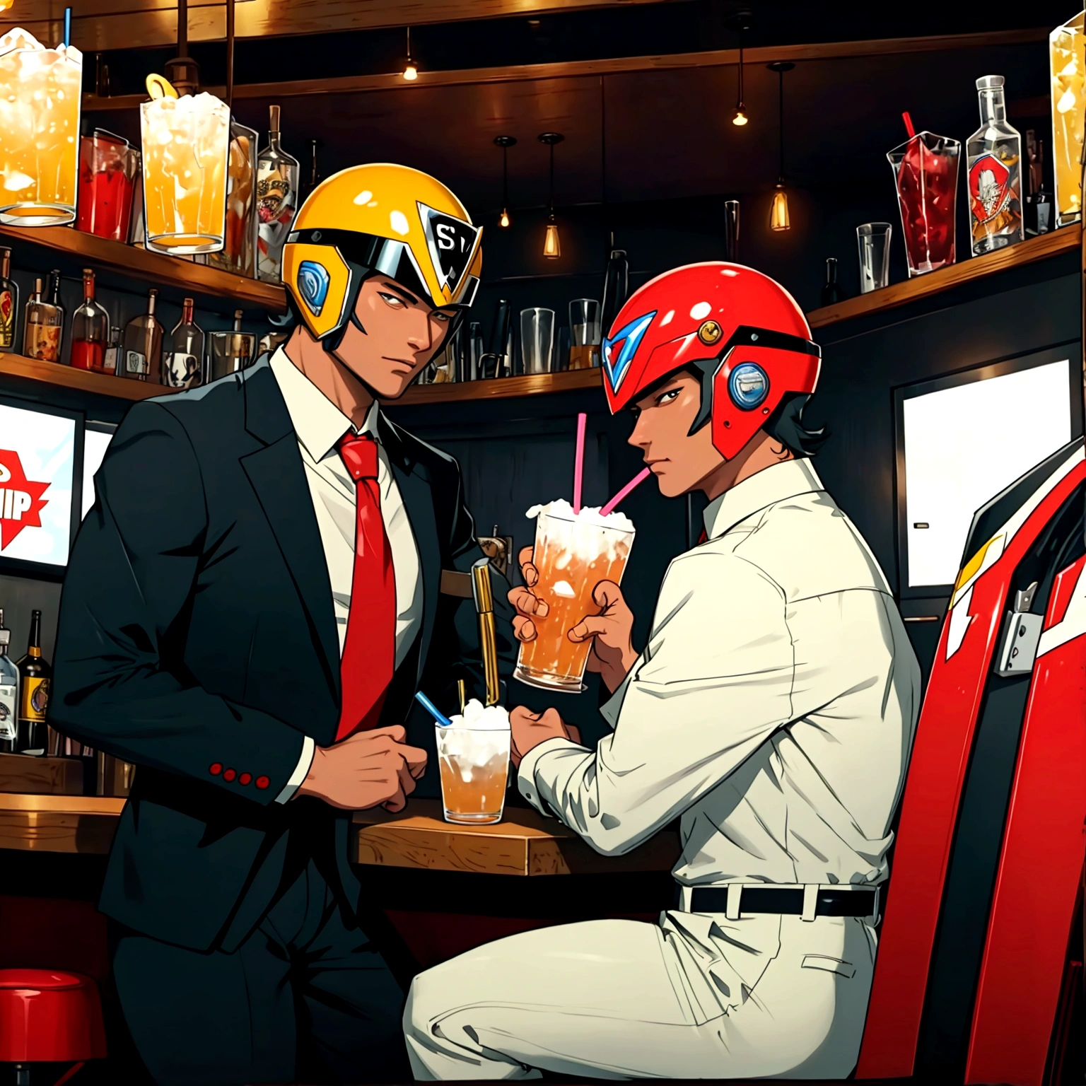 close up of businessmen standing at a bar holding drinks while wearing Super Sentai themed motorcycle helmets