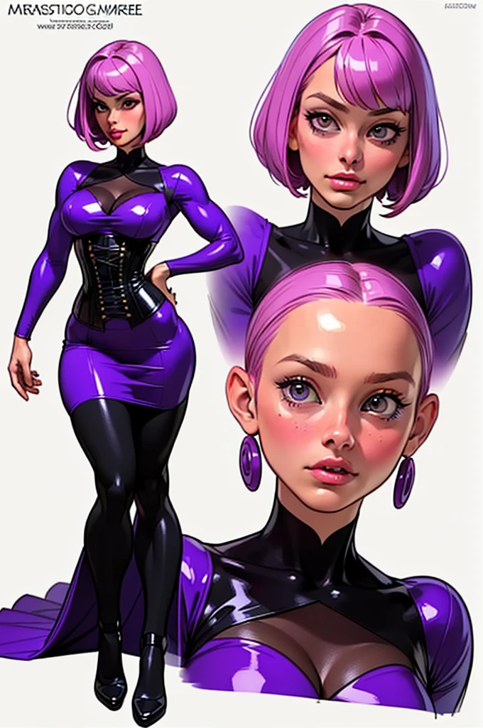 ((masterpiece)),(((best quality))),((character design sheet)), ((full body view)) illustration,1girl, muscular, ((tight purple dress:1.2)), buttercup, pink hair, purpledress ((detailed face:1.4)) beautiful woman, blunt bobcut, (black corset:1.2)shiny skin, scribbles and marks, , rough sketches, pose, 8k,16k, (simple background, white background: 1.3)